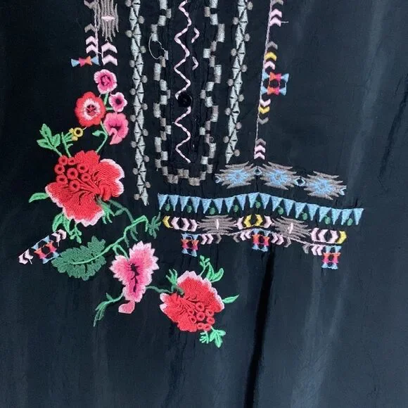 Johnny Was black embroidered floral ling sleeve cupra tunic top - Picture 4 of 9